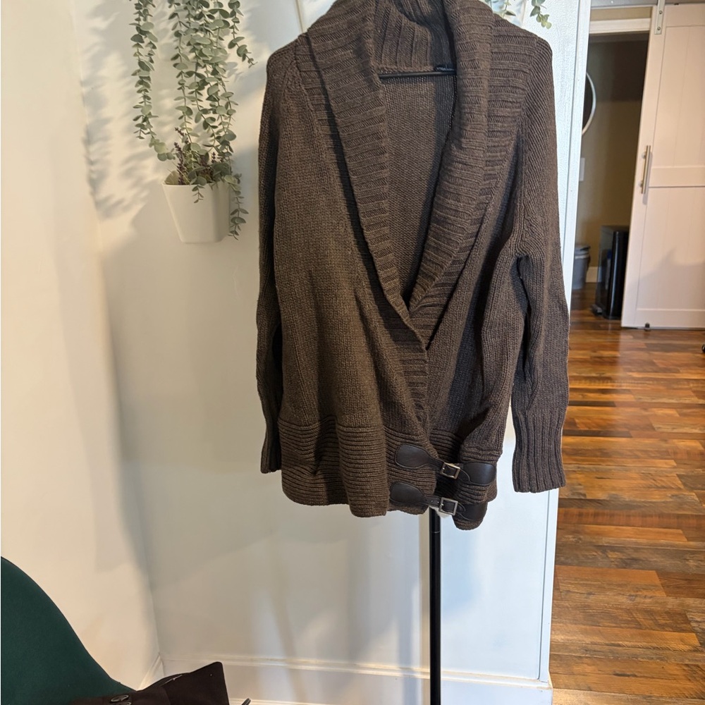 Moda International Brown Shawl Collar Buckle Cardigan Sweater